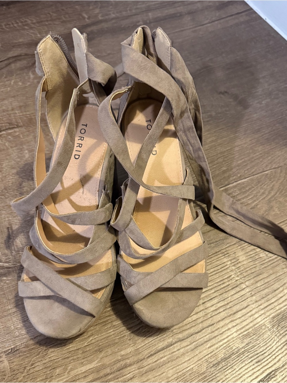 torrid taupe wrap-ankle strappy wedge sandals